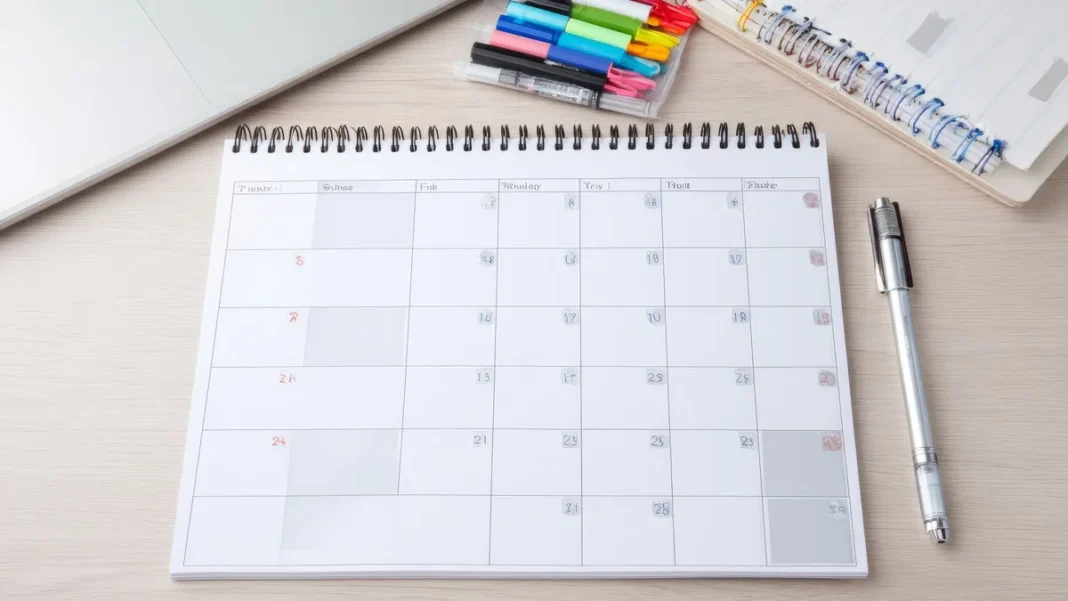 Calendário mensal em branco com canetas coloridas