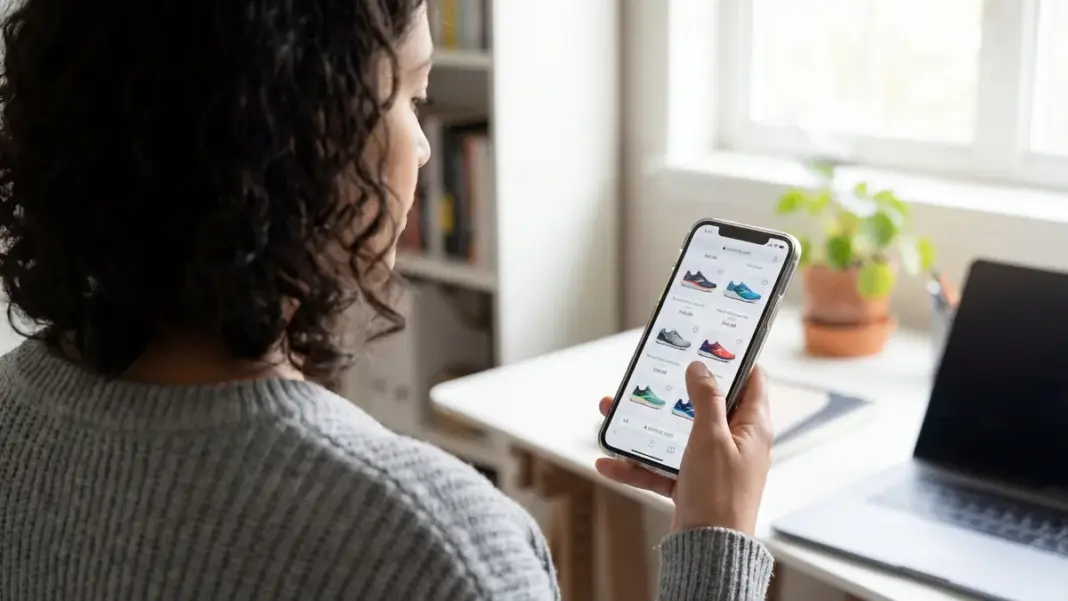 Mulher consulta informações no celular em casa, com notebook ao lado